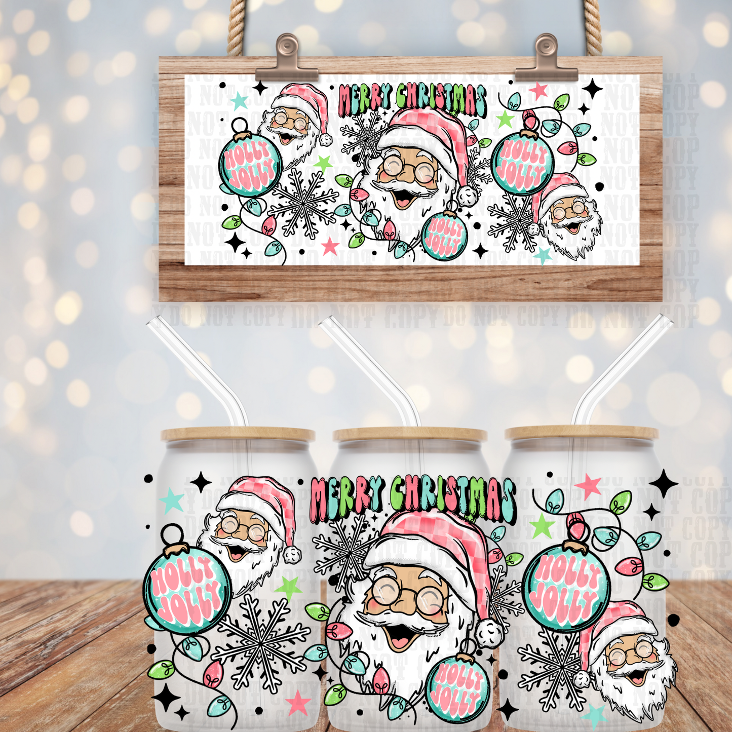 PINK SANTA MERRY CHRISTMAS UV DTF CUP WRAP