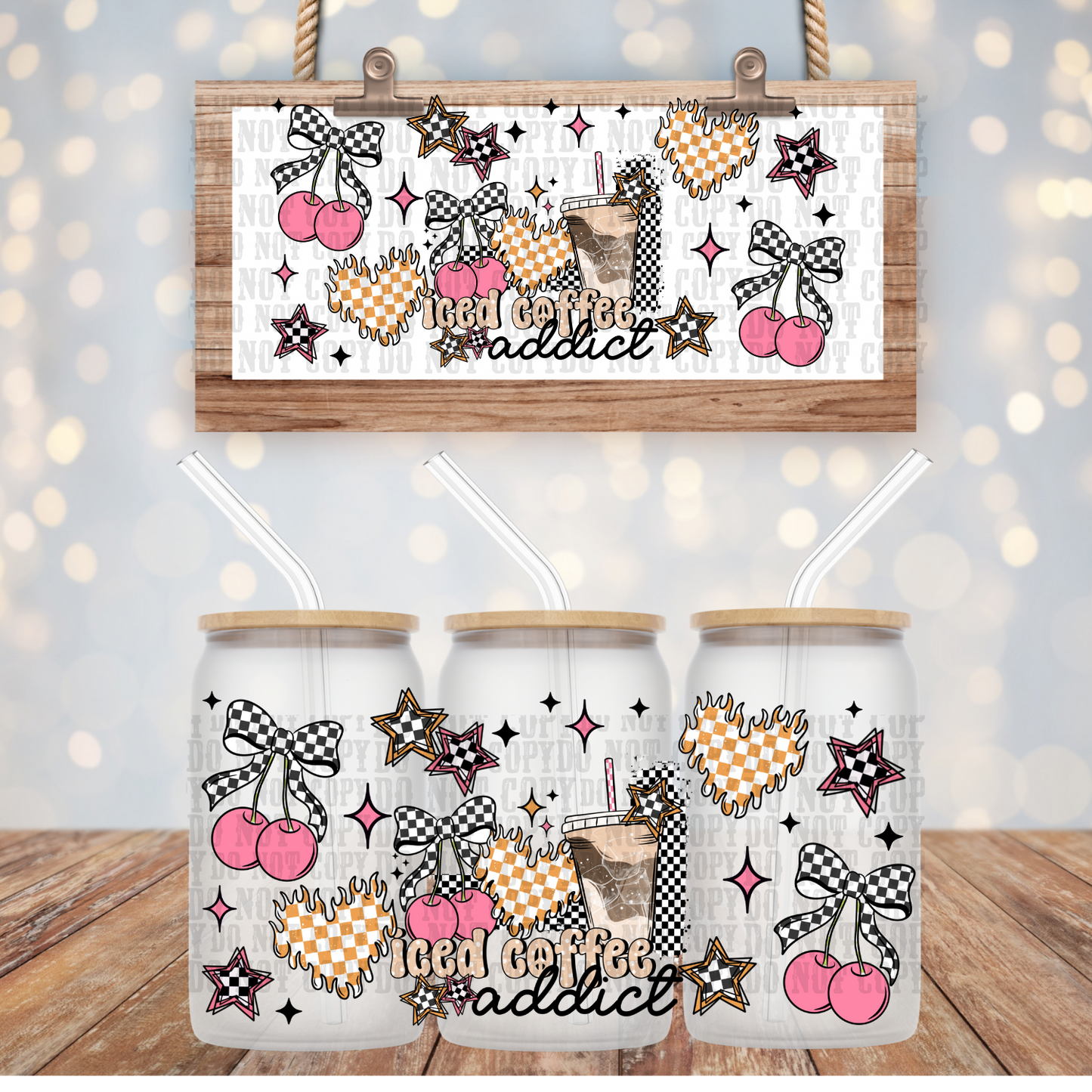 CHECKERED ICED COFFEE ADDICT UV DTF CUP WRAP