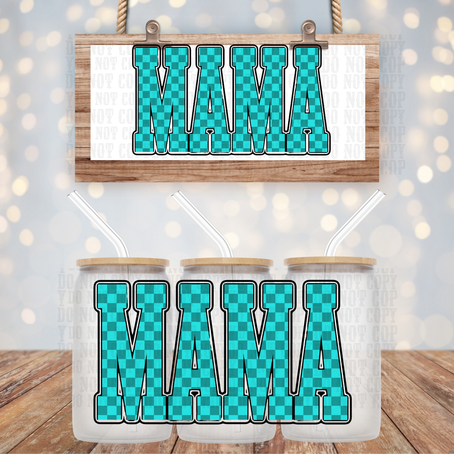 TEAL CHECKER MAMA UV DTF CUP WRAP - SHOP EXCLUSIVE FROM CIERA