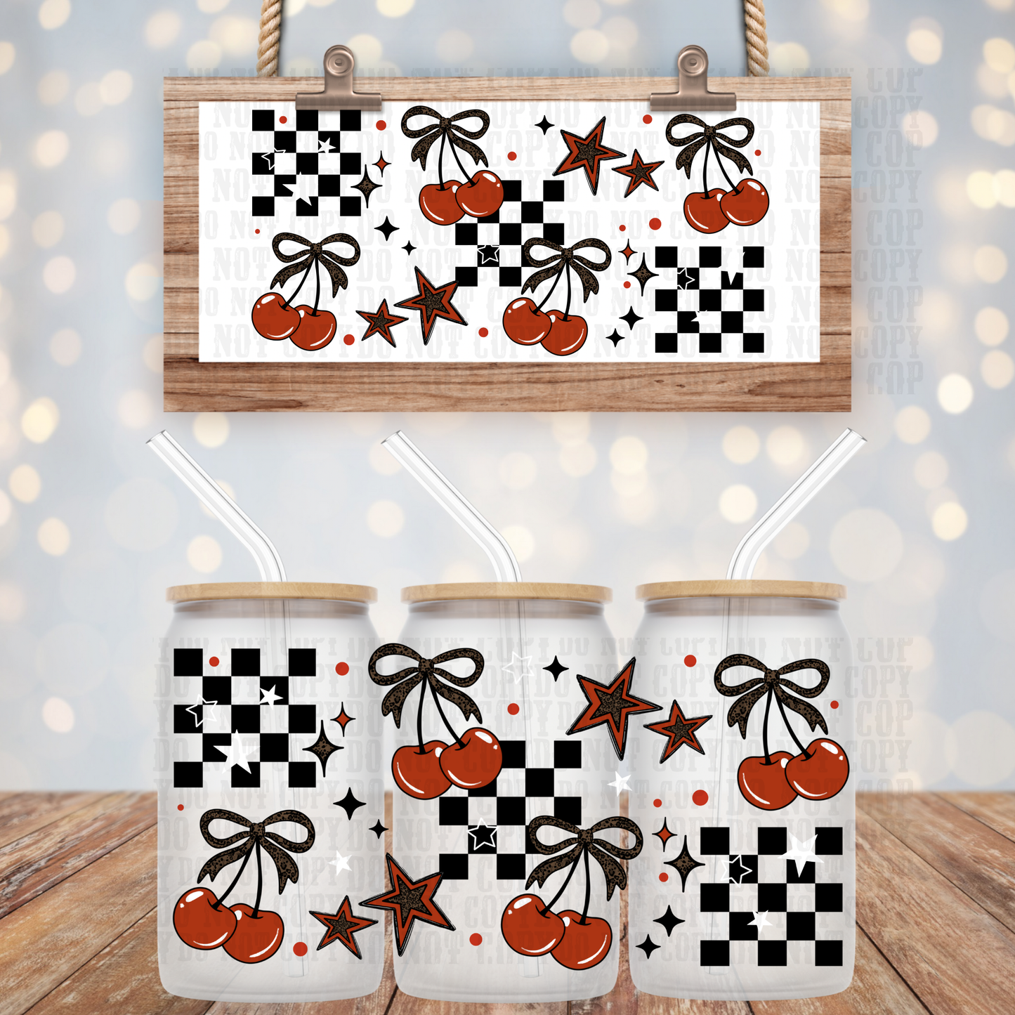 CHECKERED WINTER CHERRY UV DTF CUP WRAP