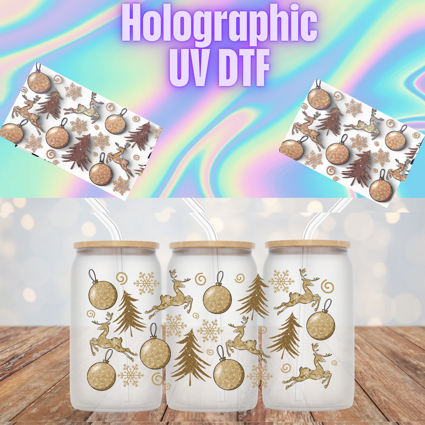 HOLOGRAPHIC GILDED CHRISTMAS UV DTF CUP WRAP
