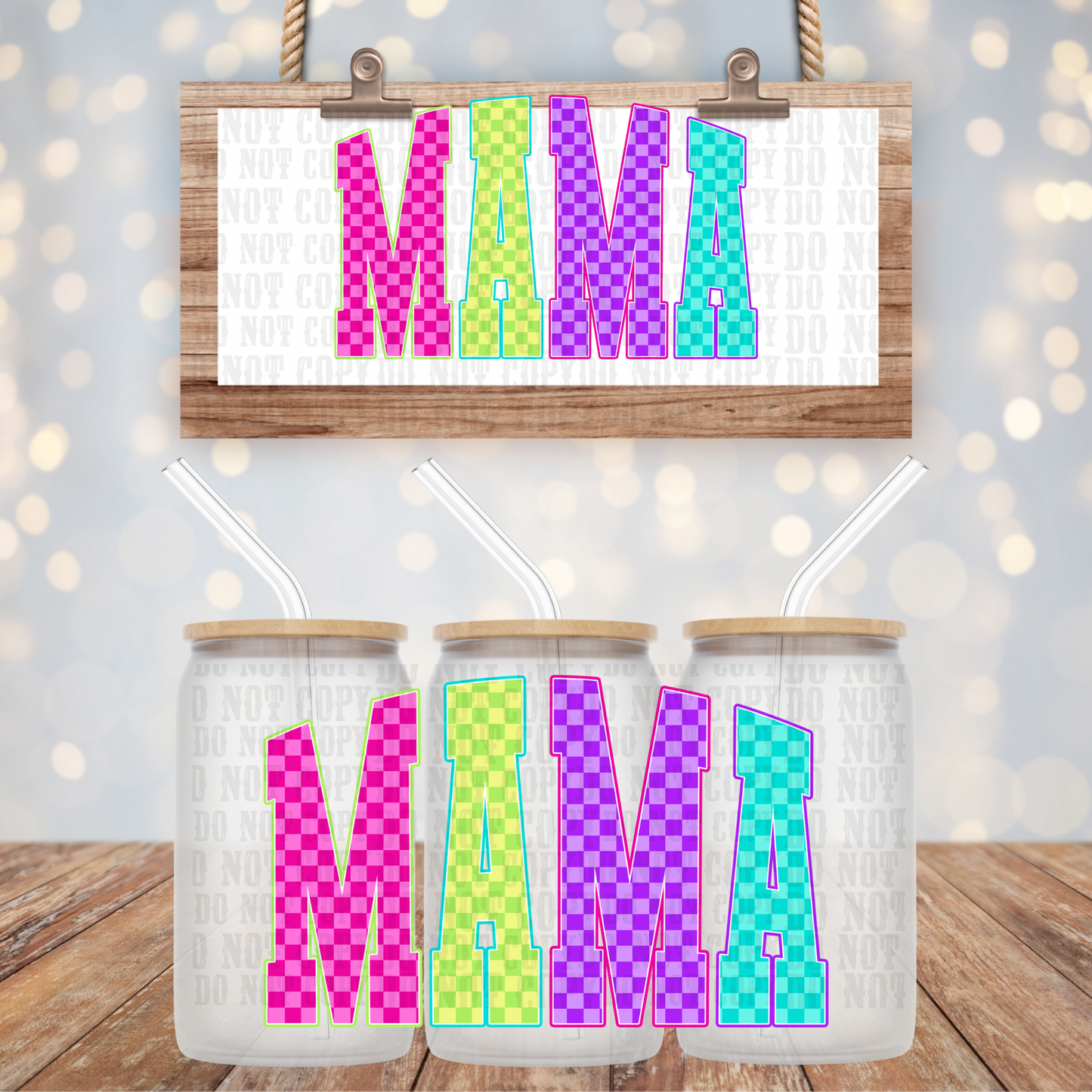 NEON CHECKERED MAMA UV DTF CUP WRAP - SHOP EXCLUSIVE BY CIERRA