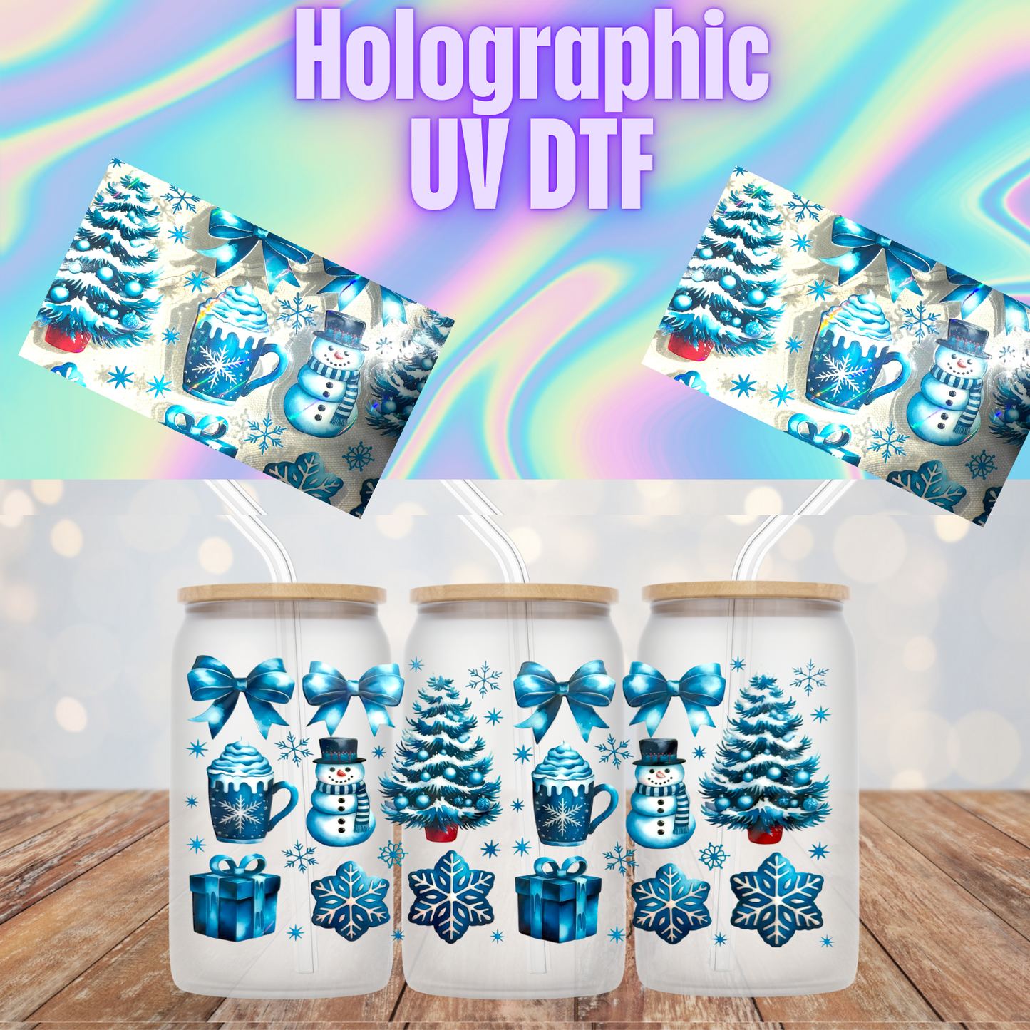 HOLOGRAPHIC CHRISTMAS COFFEE AND SNOW MAN UV DTF CUP WRAP