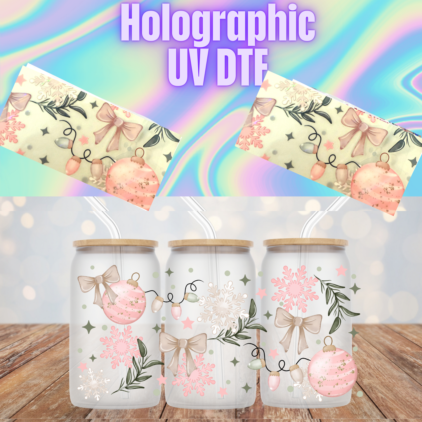 HOLOGRAPHIC COQUETTE BOWS AND LIGHTS UV DTF CUP WRAP
