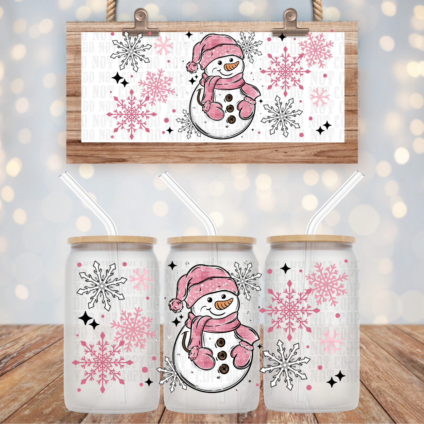 PINK SNOWMAN UV DTF CUP WRAP