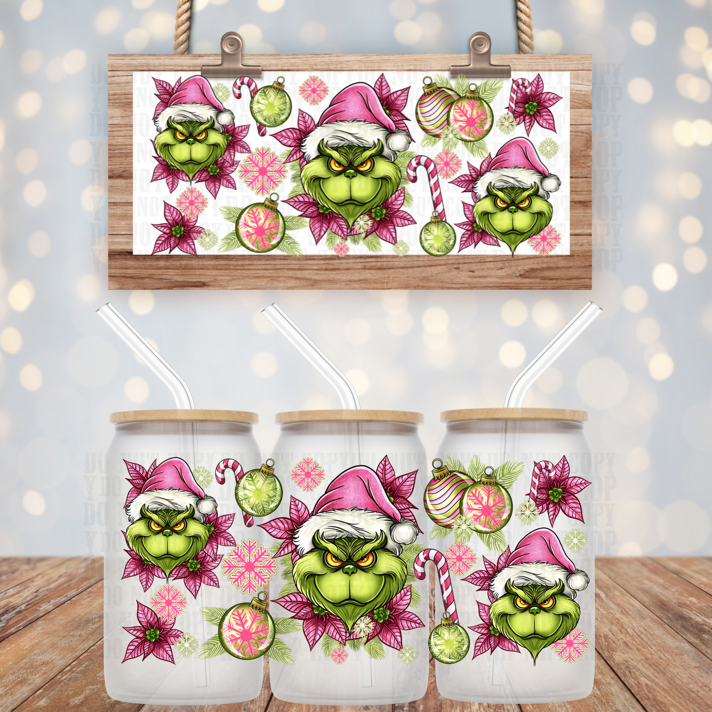 CHRISTMAS FLORALS PINK GRUMPY UV DTF CUP WRAP