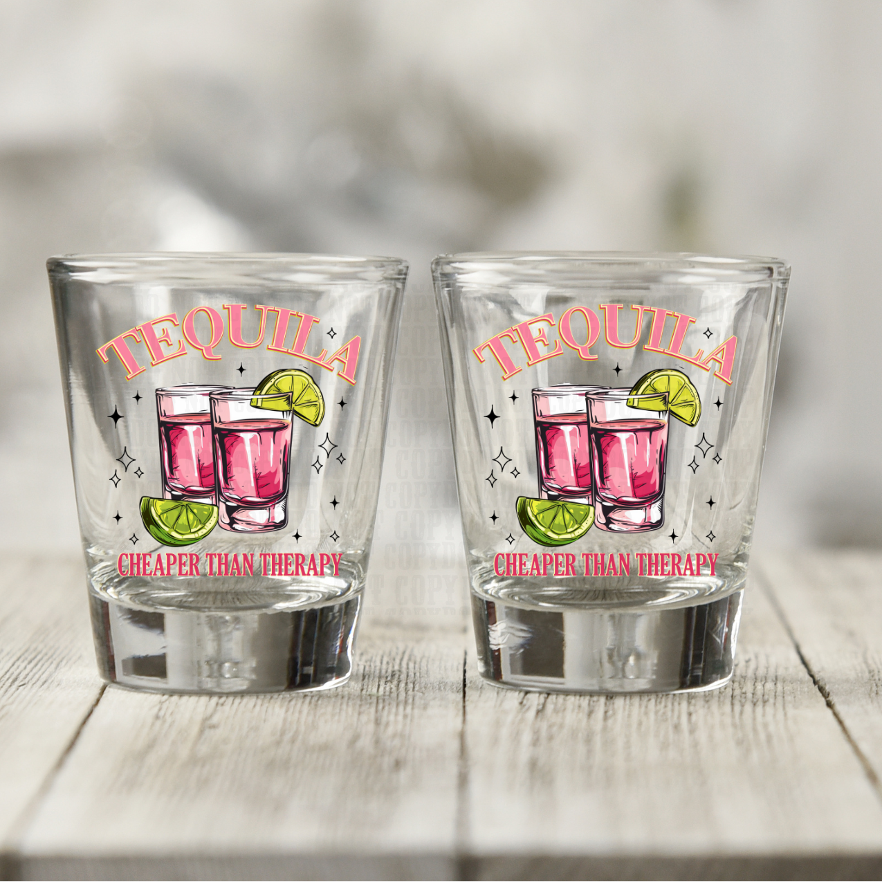 PINK TEQUILA THERAPY UV DTF SHOT GLASS
