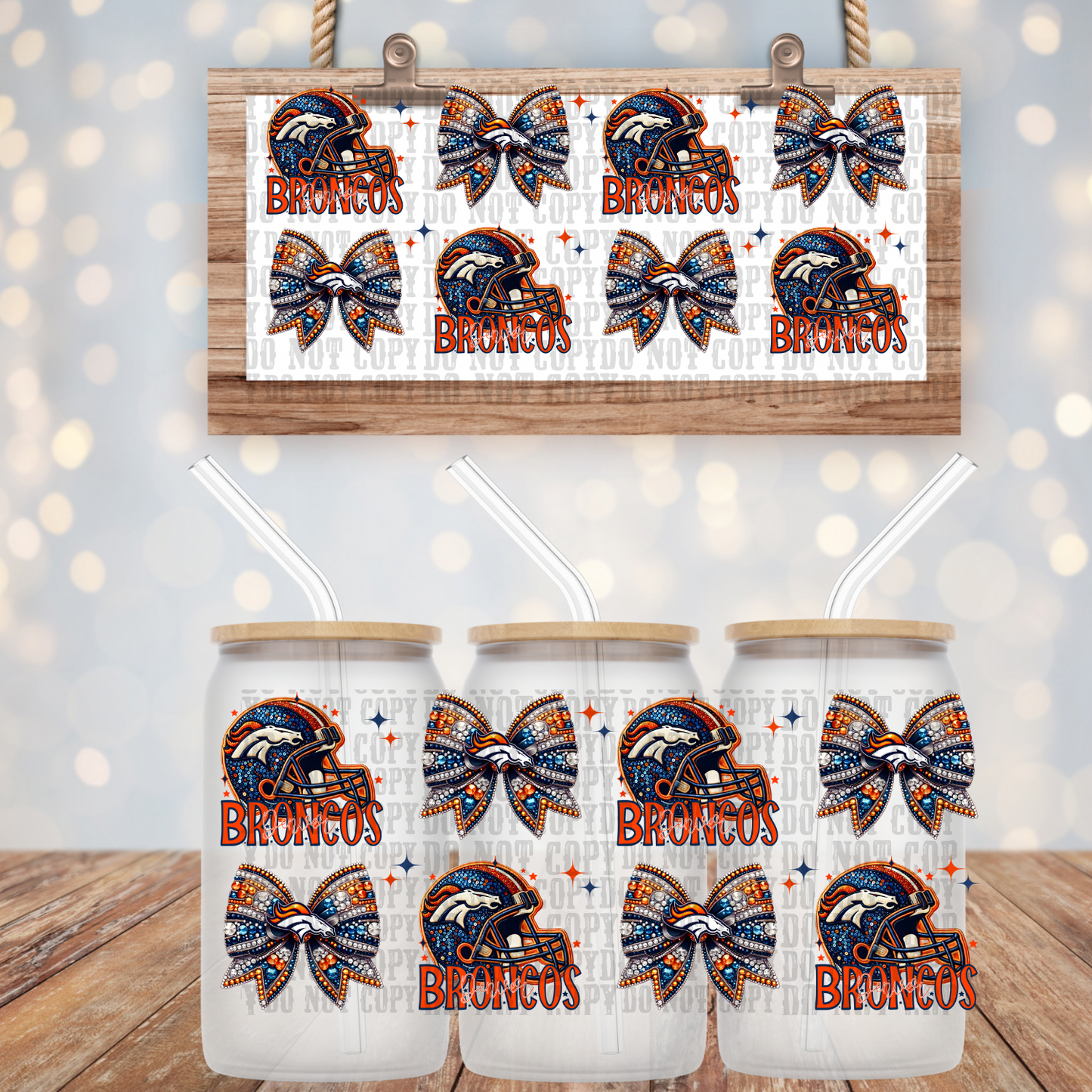 BRONCOS STACKED FAUX RHINESTONE - 16oz UV DTF CUP WRAP