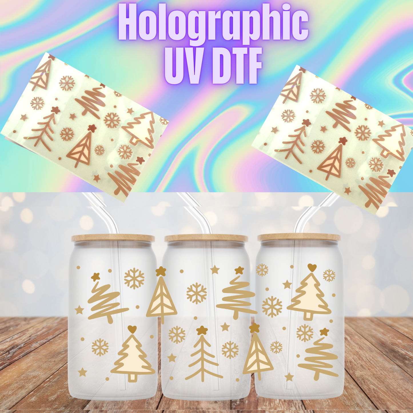 HOLOGRAPHIC PINK AND GOLD TREES UV DTF CUP WRAP