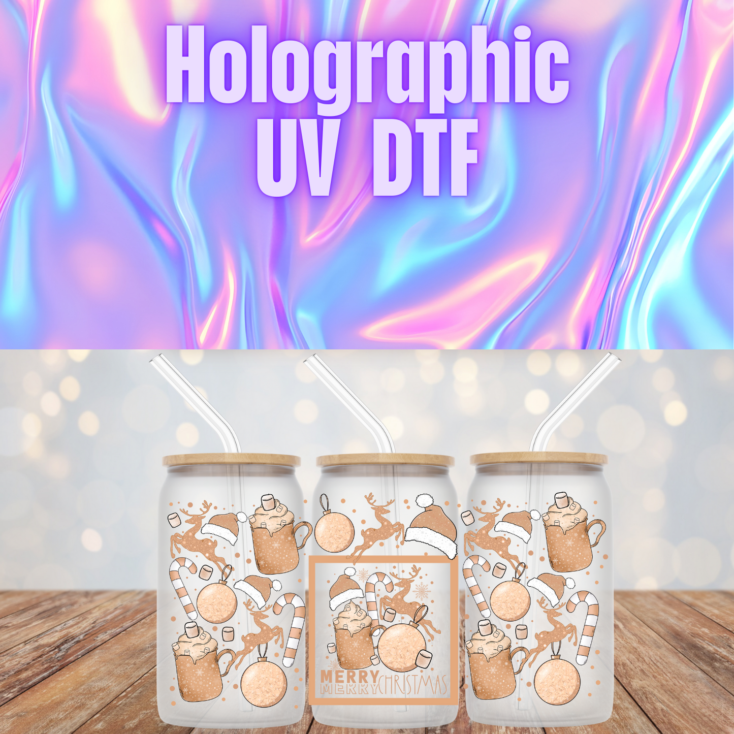 HOLOGRAPHIC MERRY MUGS UV DTF CUP WRAP