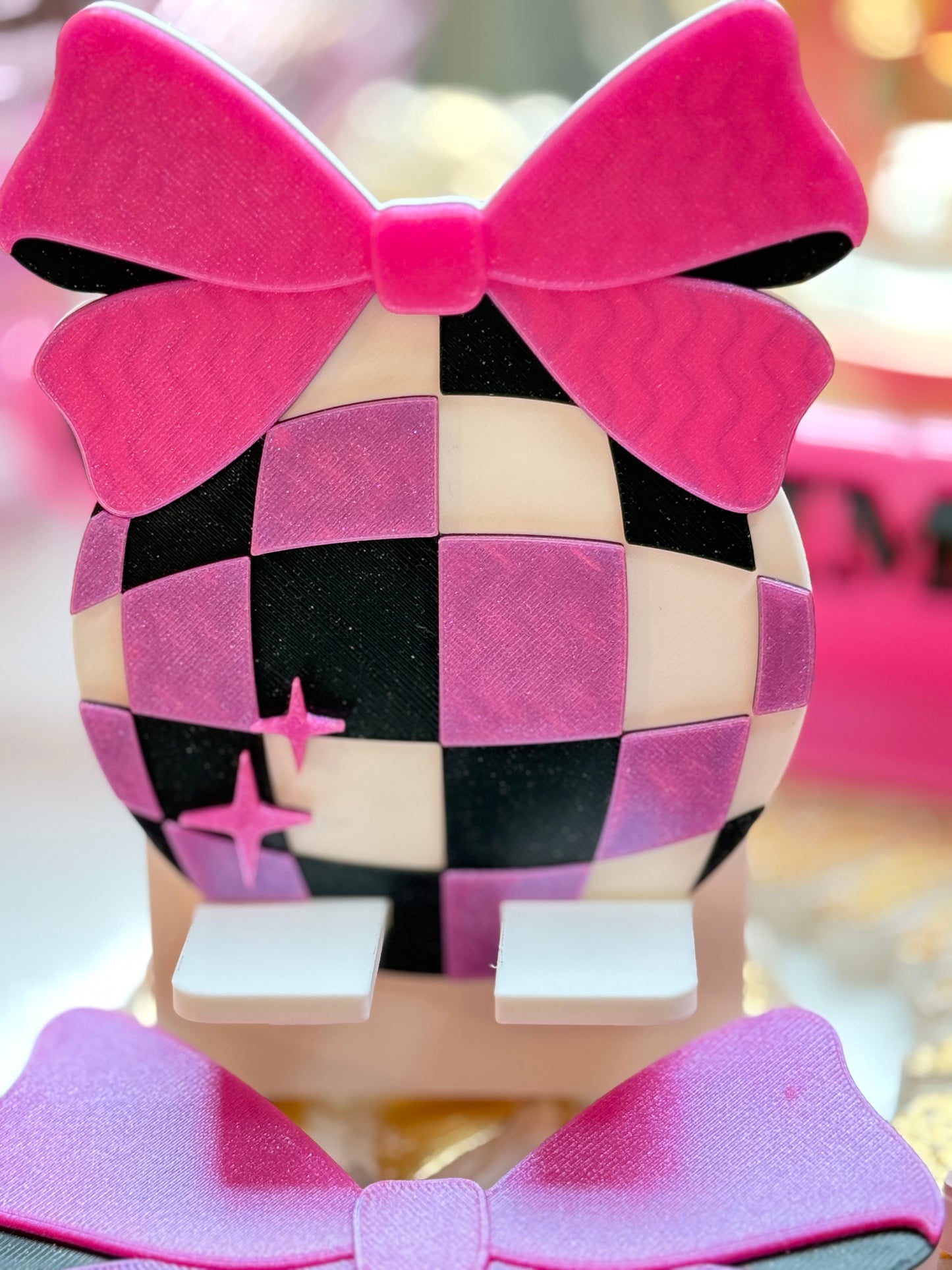 Bow Checkered Phone Holder | Cute 3D Printed Desk Stand