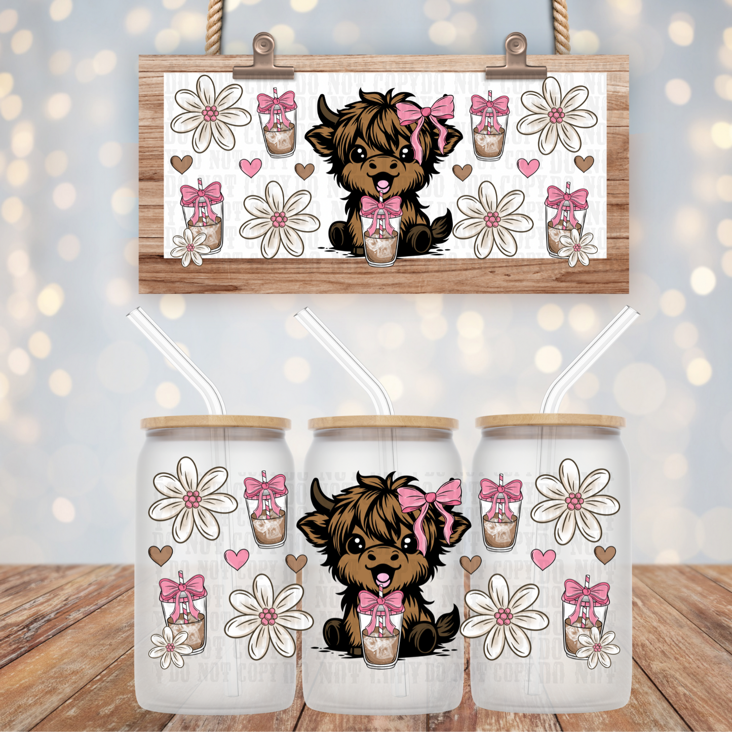 PINK COFFEE COW UV DTF CUP WRAP