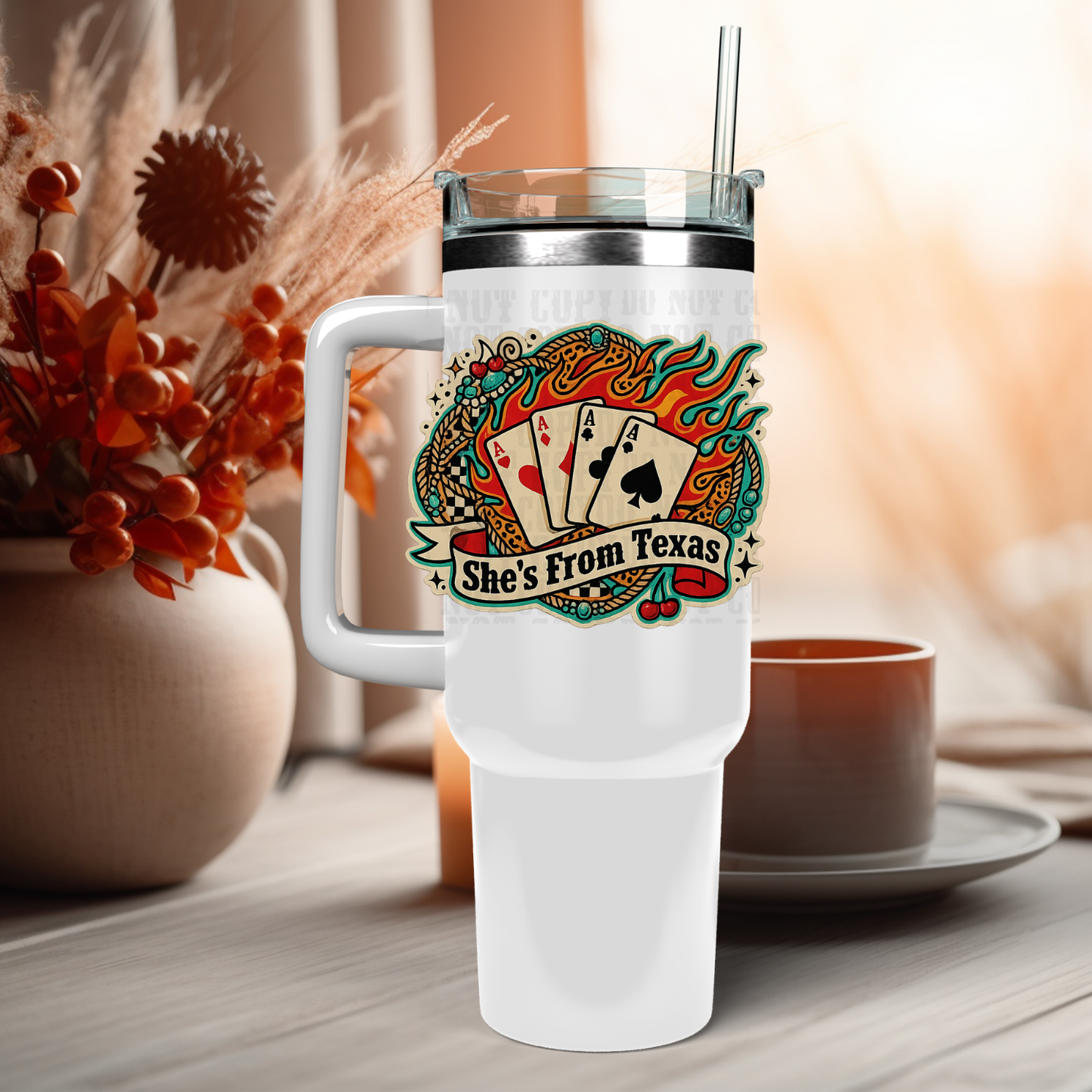 40oz FLAMING CARDS TEXAS UV DTF Cup Decal