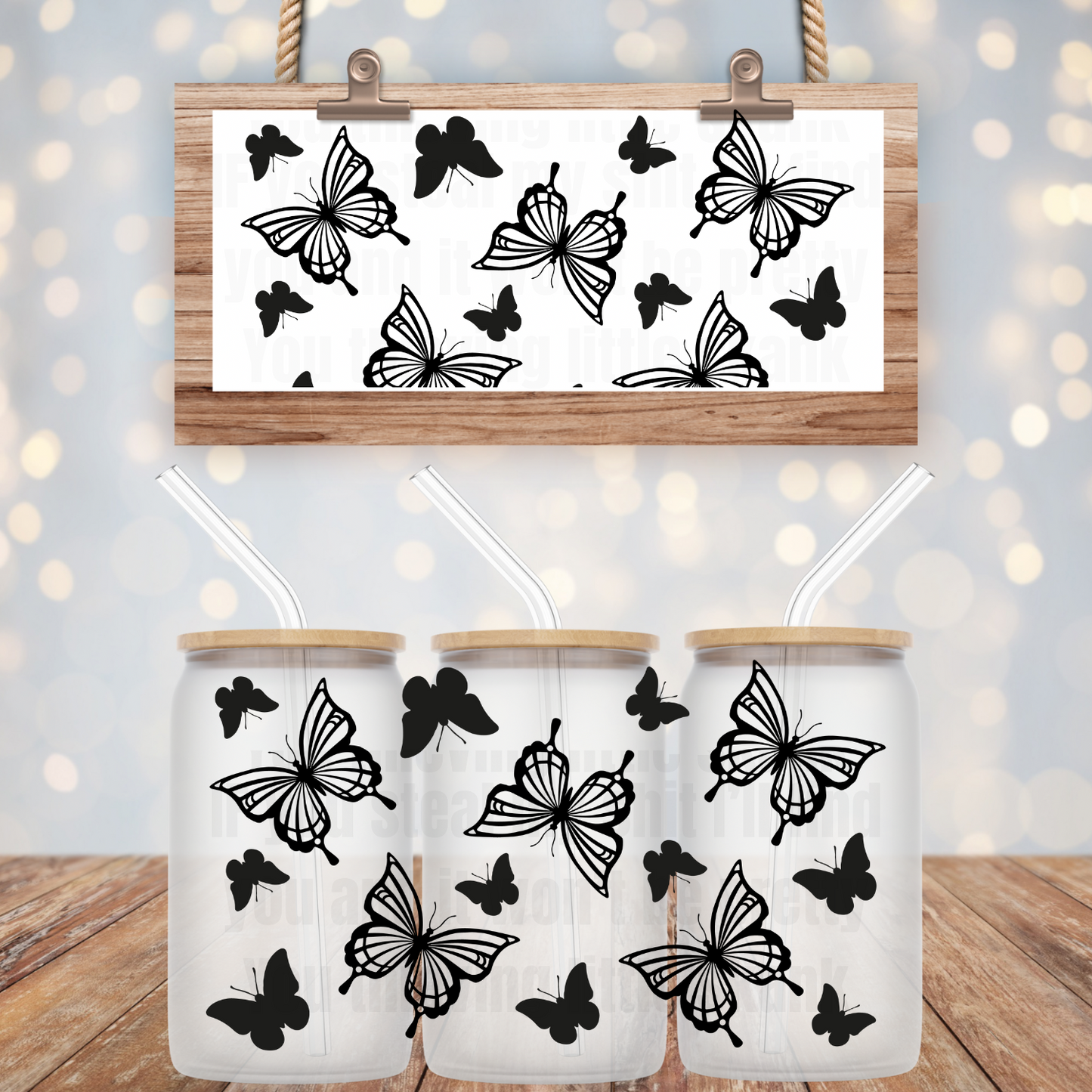 SCATTERED BLACK BUTTERFLIES- UV DTF CUP WRAP