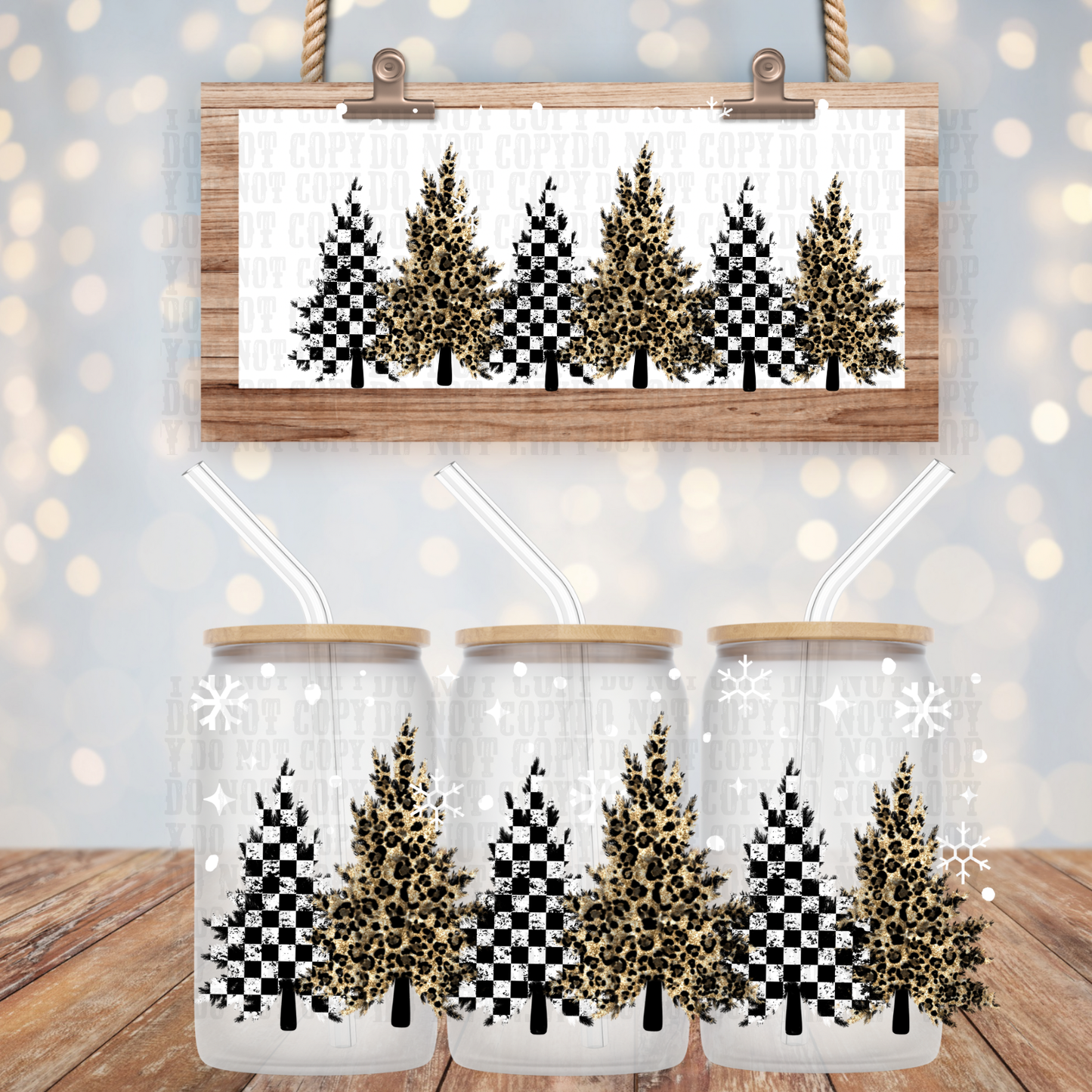 WINTER CHEETAH CHECKER TREES UV DTF CUP WRAP