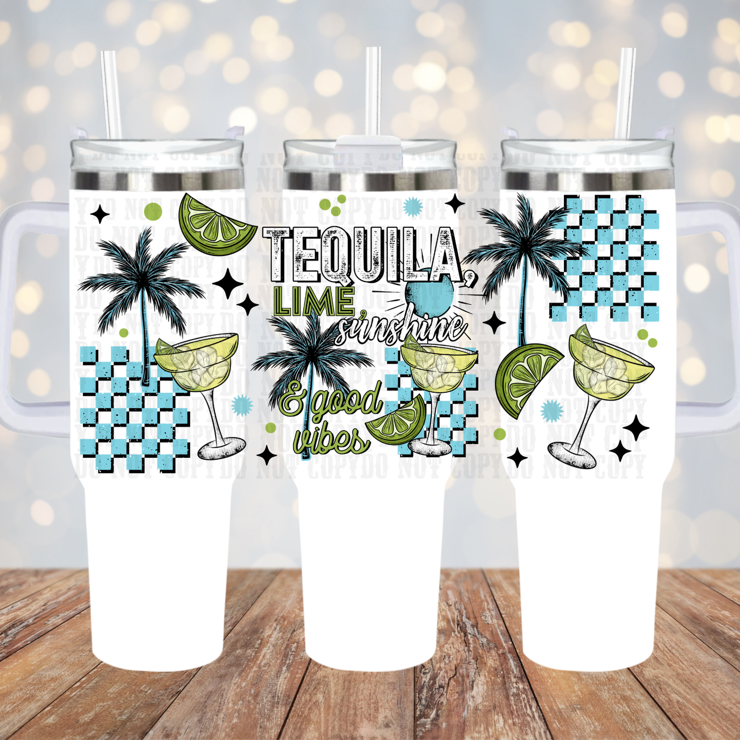 40oz TEAL TEQUILA AND SUNSHINE CHECKERED UV DTF CUP WRAP