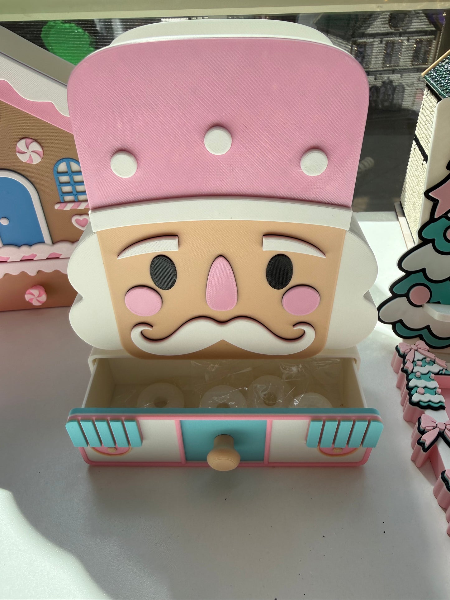 Pink Nutcracker or Gingerbread House Pen Holder with Drawer | Christmas Desk Organizer