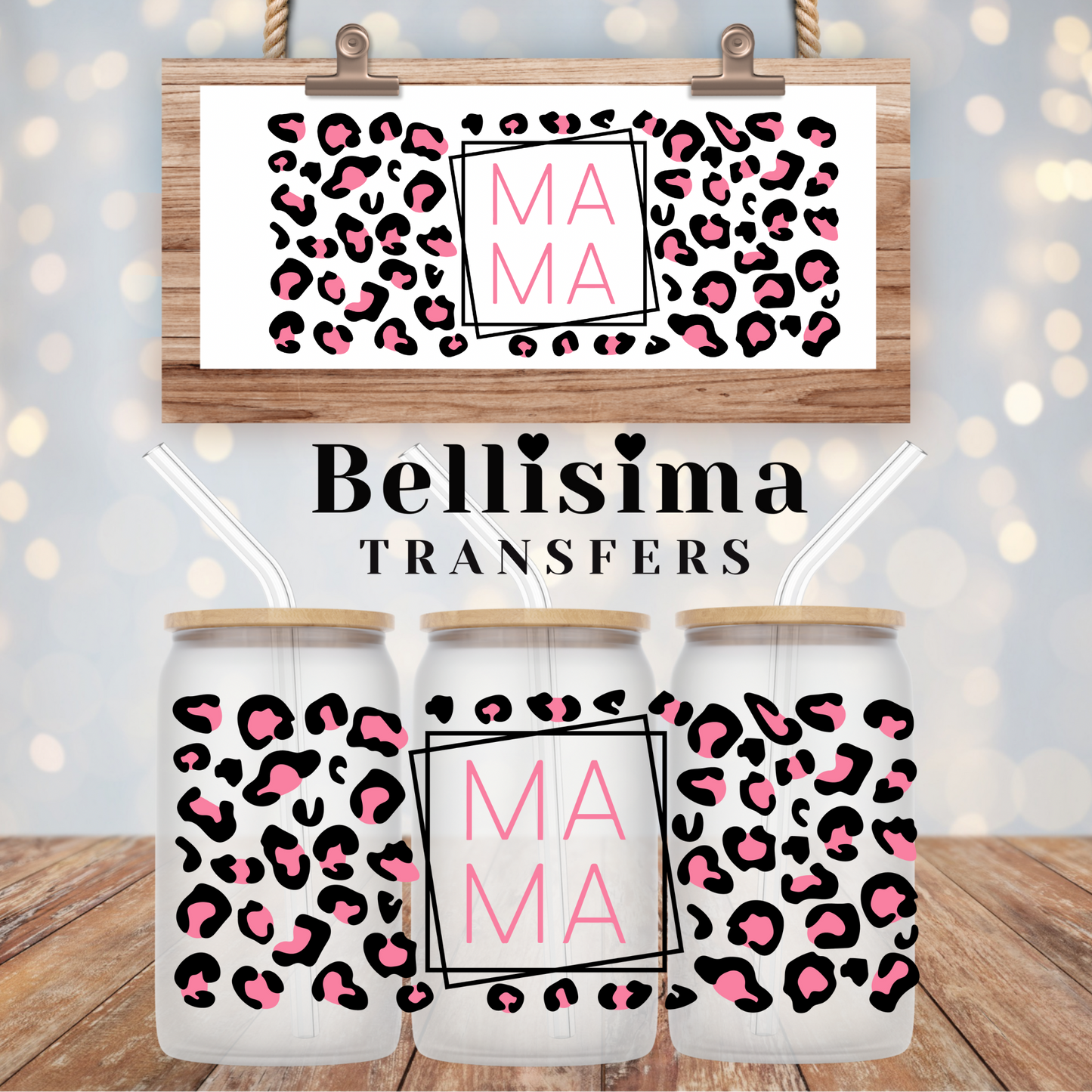 Mama Pink and Black Cheetah UV DTF Cup Wrap