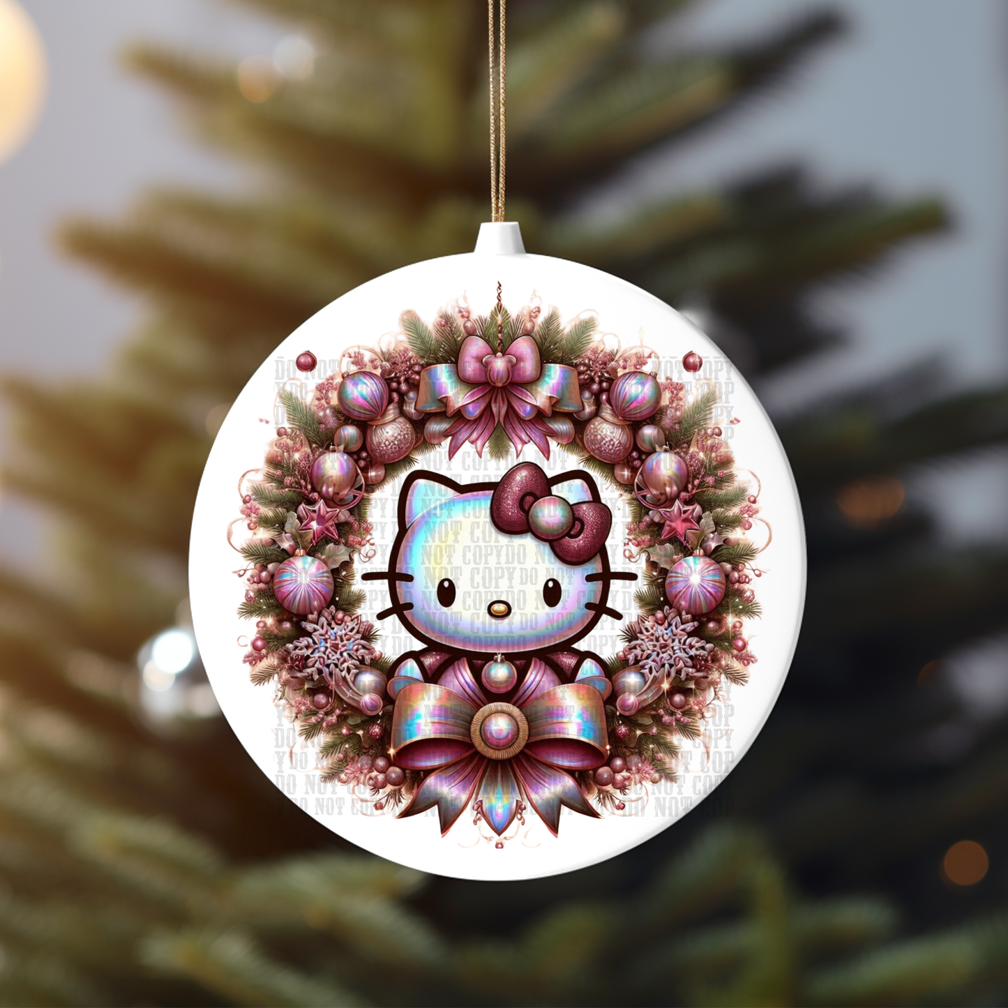 HOLOGRAPHIC KITTY WREATH UV DTF ORNAMENT DECAL