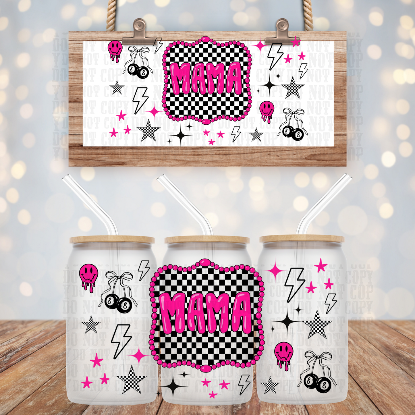 PINK CHECKERED MAMA UV DTF CUP WRAP -SHOP EXCLUSIVE BY CIERA