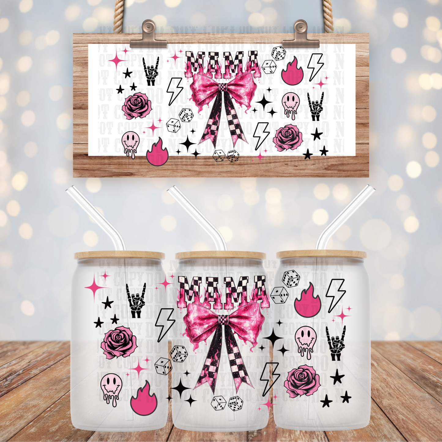 PINK CHECKER BOW MAMA UV DTF CUP WRAP-SHOP EXCLUSIVE BY CIERRA