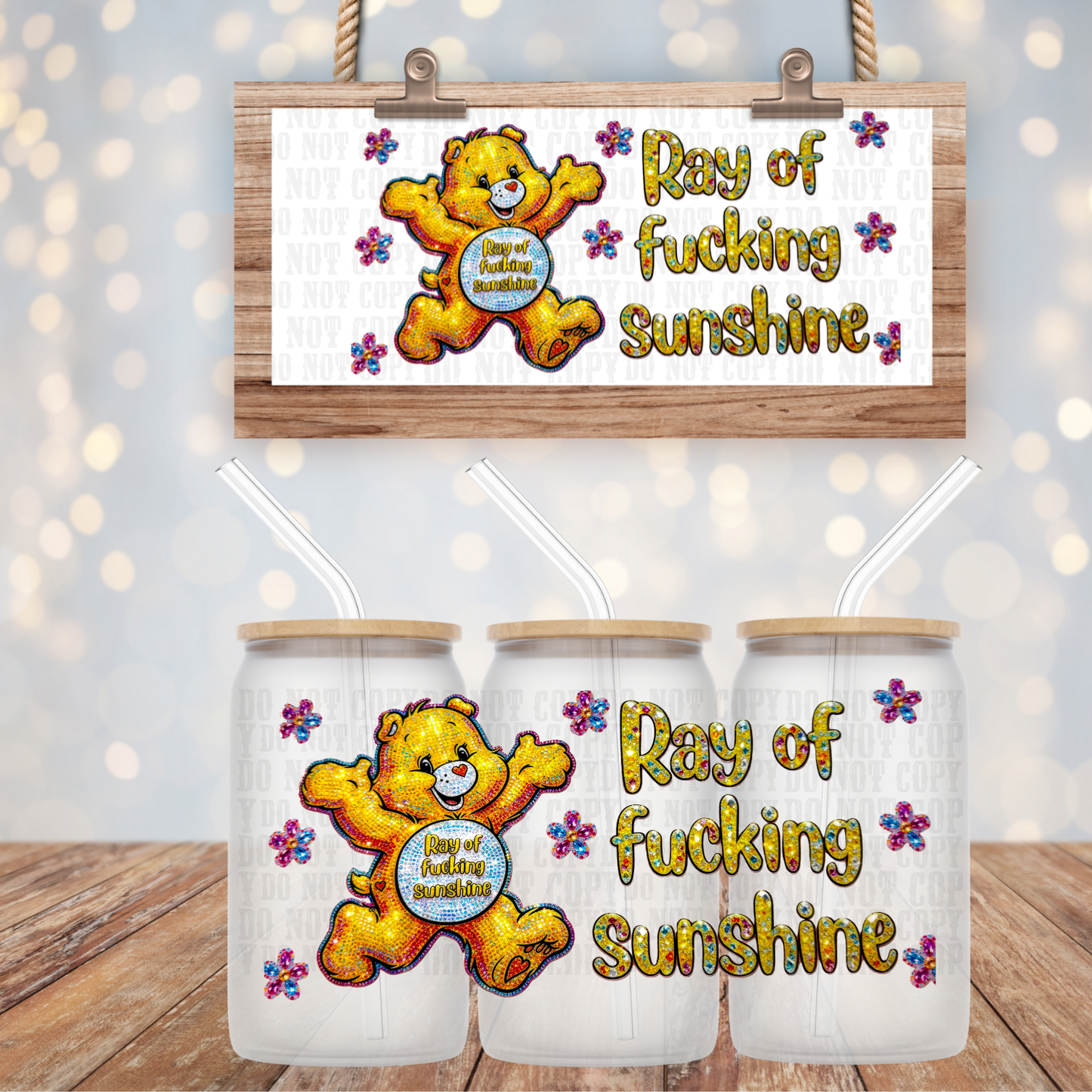 FAUX GLITTER SUNSHINE BEAR  UV DTF CUP WRAP
