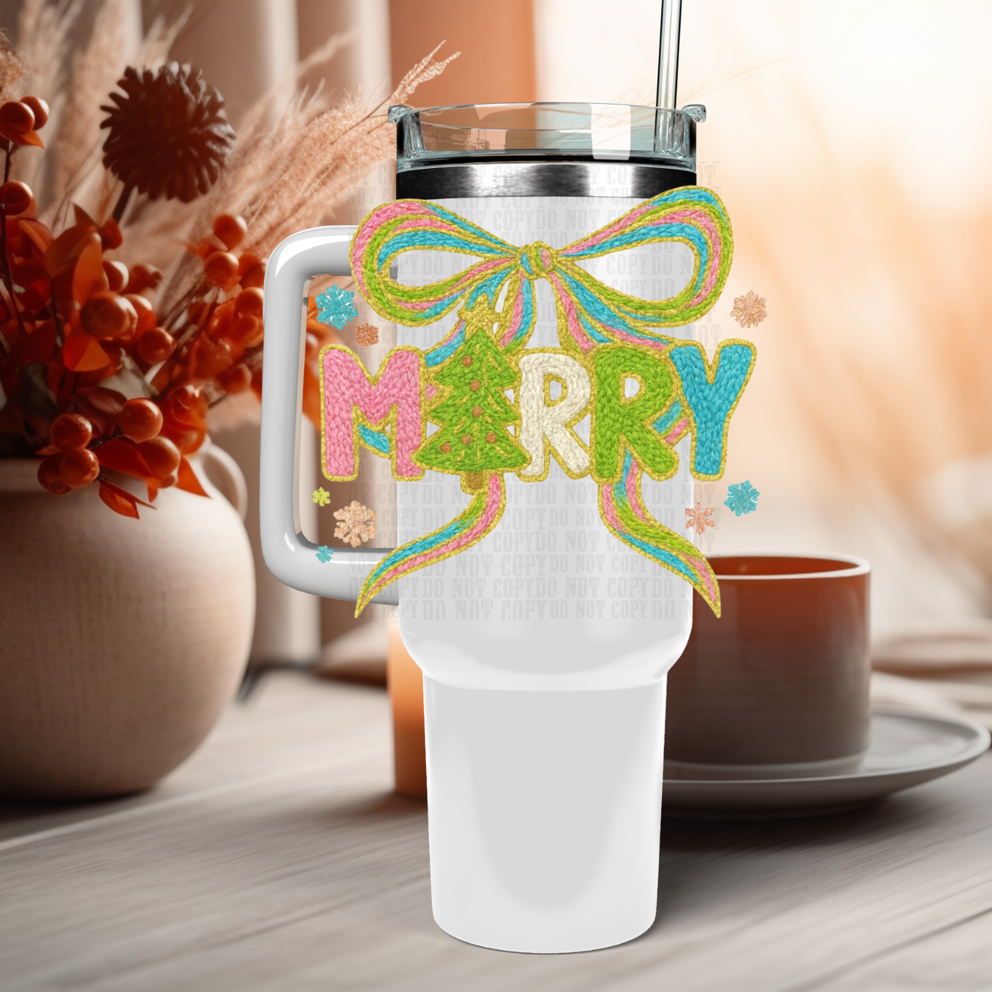 16/40 OZ FAUX YARN MERRY BOW UV DTF Cup Decal