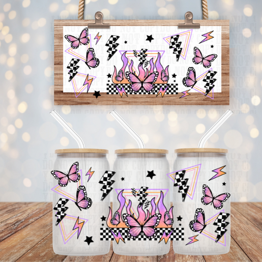 PINK FLAME BUTTERFLIES UV DTF CUP WRAP