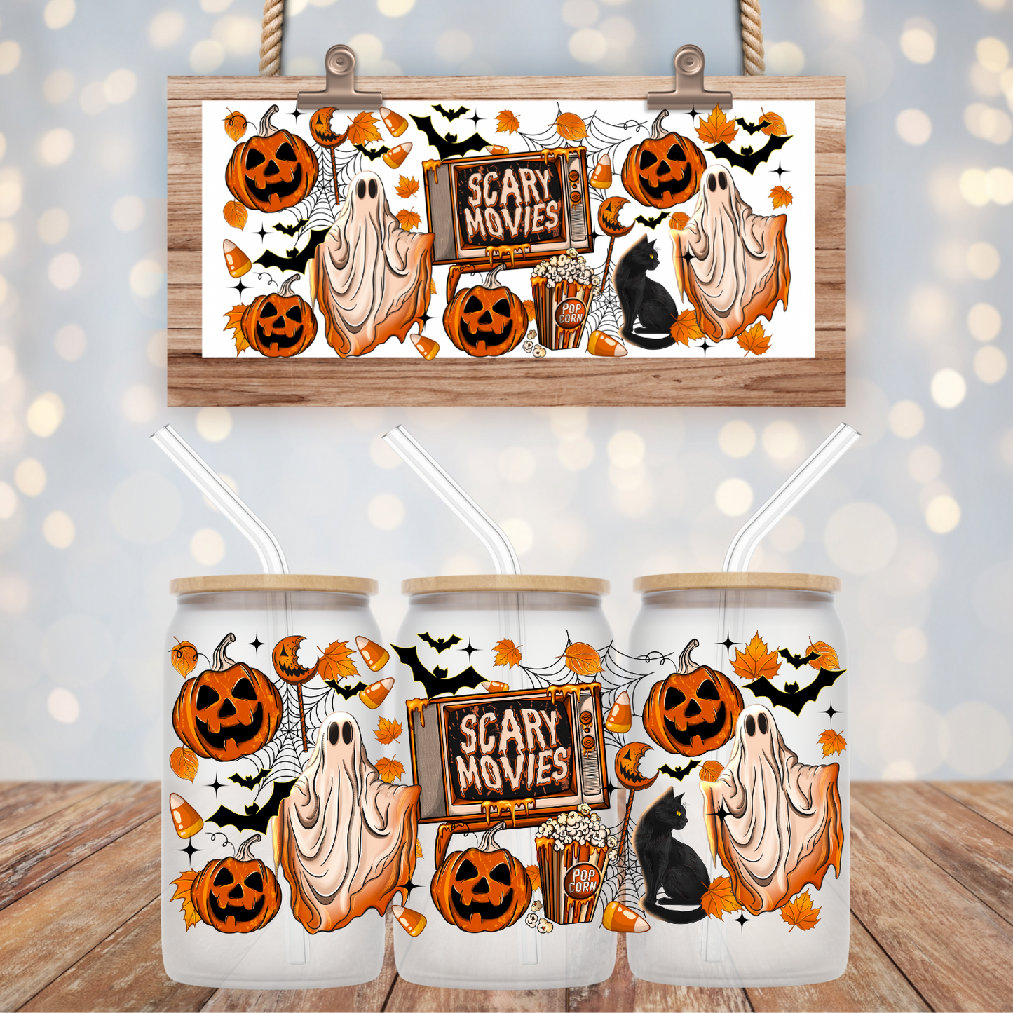 BLACK AND ORANGE SCARY MOVIE UV DTF CUP WRAP