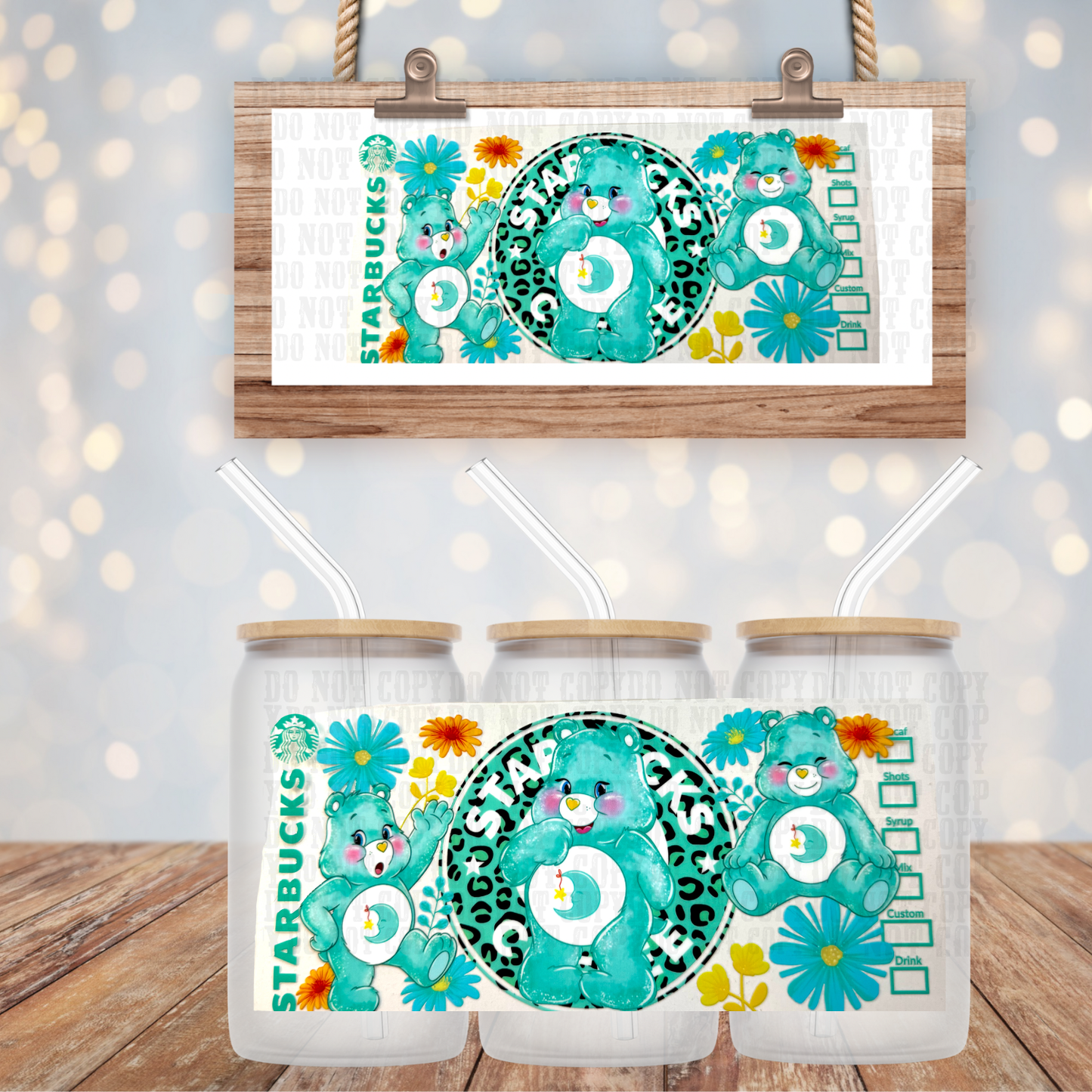 BLUE STARBIES BEAR   UV DTF CUP WRAP