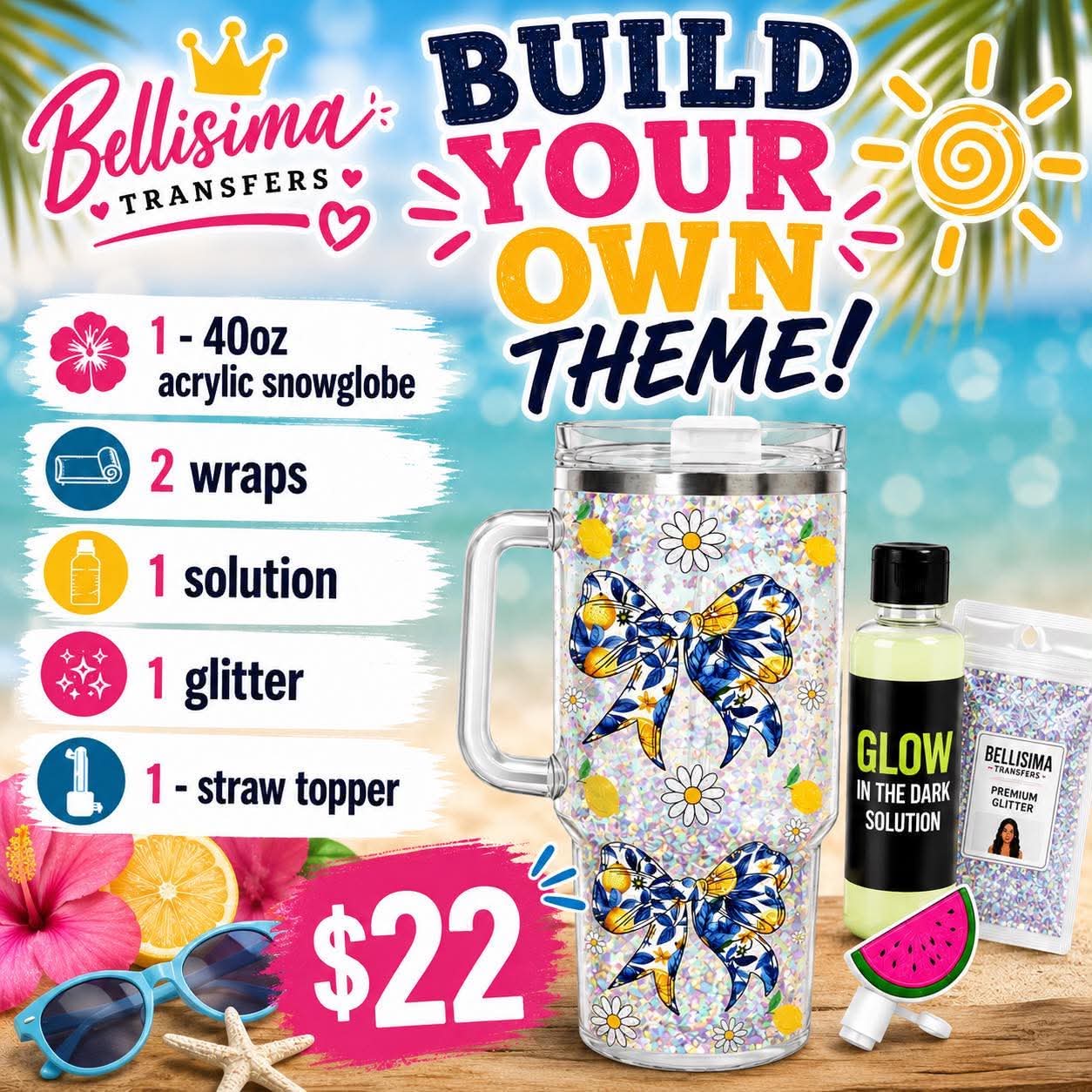 Build Your Own Theme Snowglobe Tumbler Kit – 40oz DIY Acrylic Cup Bundle | Glow in the Dark | Includes Wraps, Glitter & Straw Topper