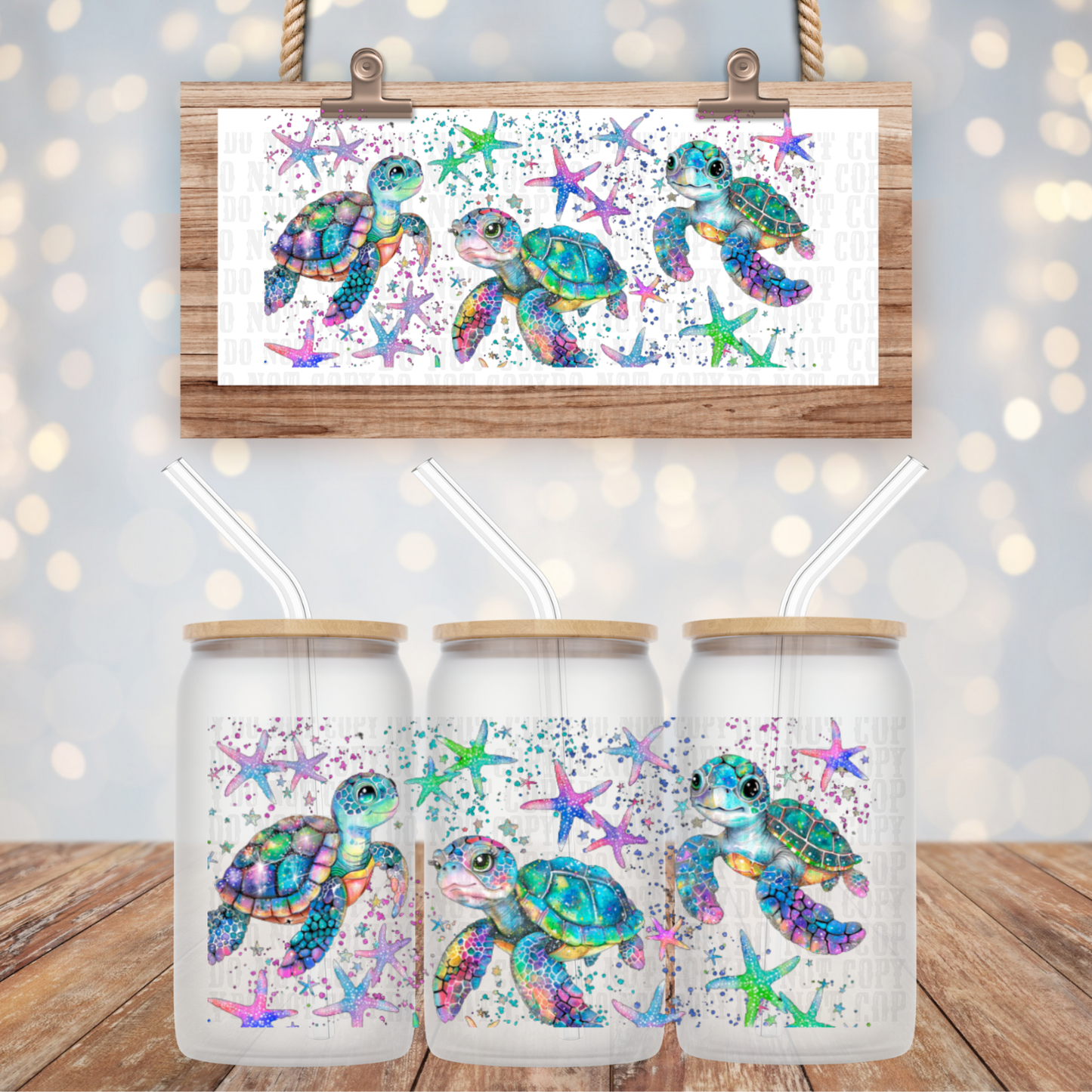 IRRIDESCANT SEA TURTLES UV DTF CUP WRAP