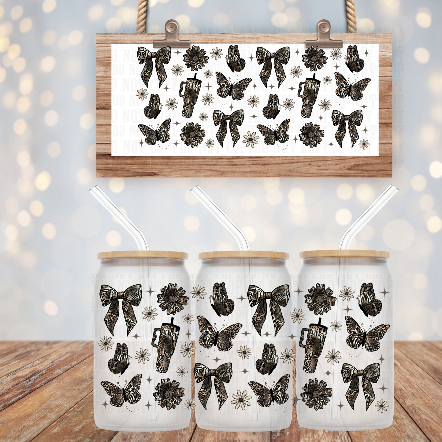 BLACK BOWS & BUTTERFLY TUMBLER UV DTF CUP WRAP