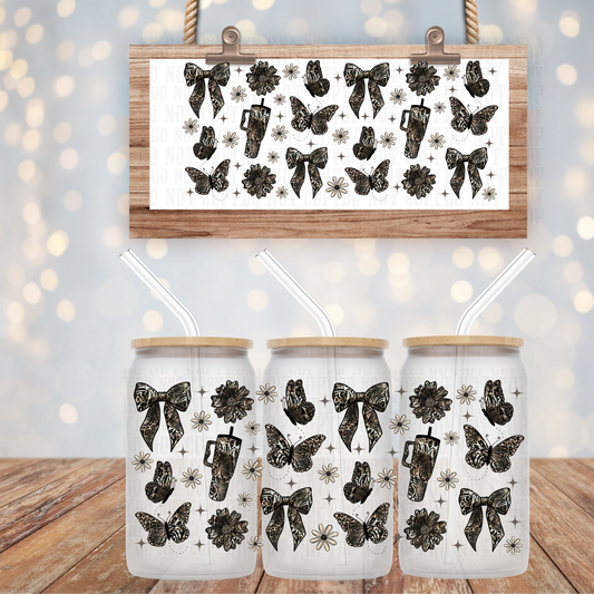 BLACK BOWS & BUTTERFLY TUMBLER UV DTF CUP WRAP