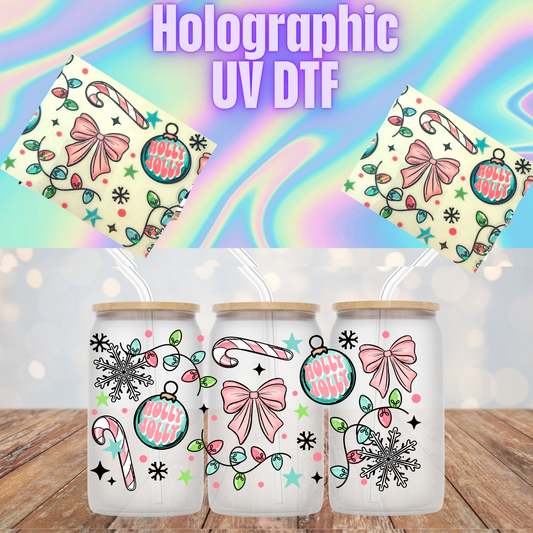 HOLOGRAPHIC NEON PINK AND BLUE JOLLY ORNAMENTS UV DTF CUP WRAP