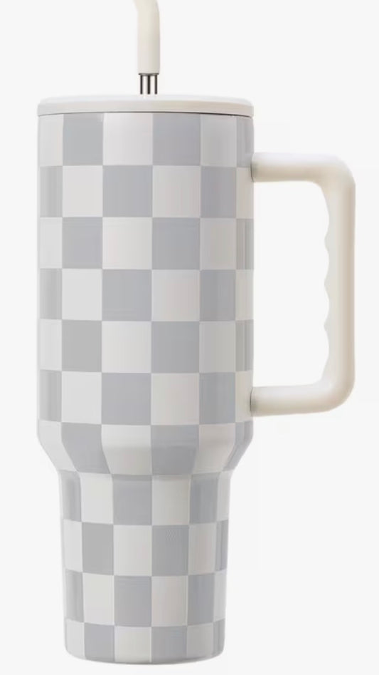 40oz Grey Checkered Handle Tumbler with Straw