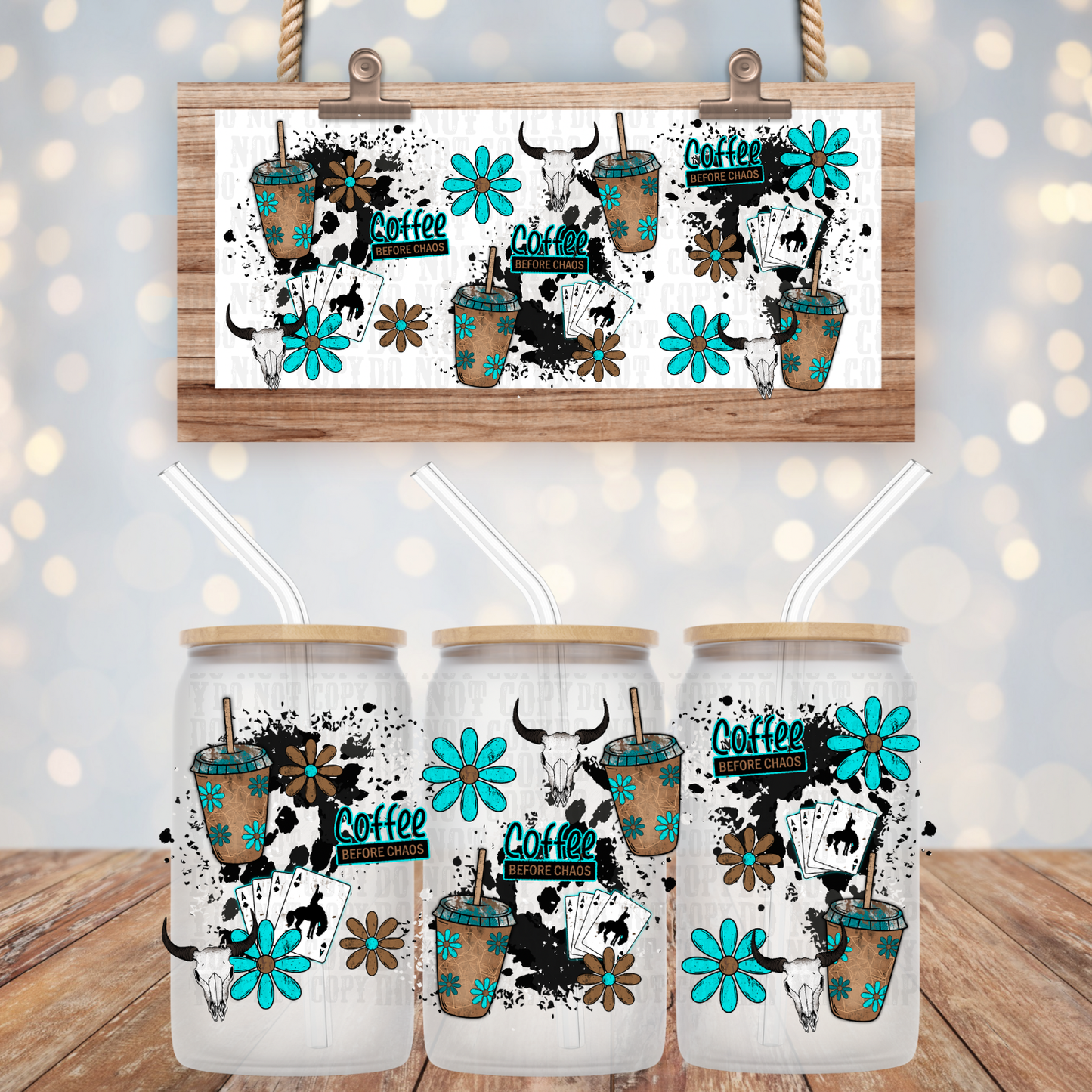 TURQOUISE COFFEE AND CHAOS UV DTF CUP WRAP