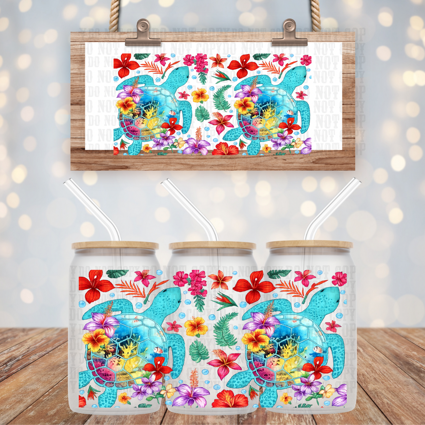 FLORAL SEA TURTLES UV DTF CUP WRAP