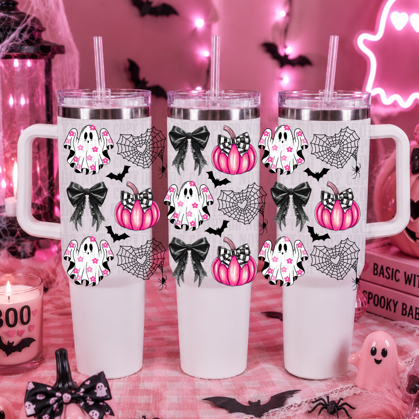 40oz  BLACK & PINK COQUETTE PUMPKINS  UV DTF CUP WRAP