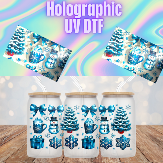 HOLOGRAPHIC CHRISTMAS COFFEE AND SNOW MAN UV DTF CUP WRAP