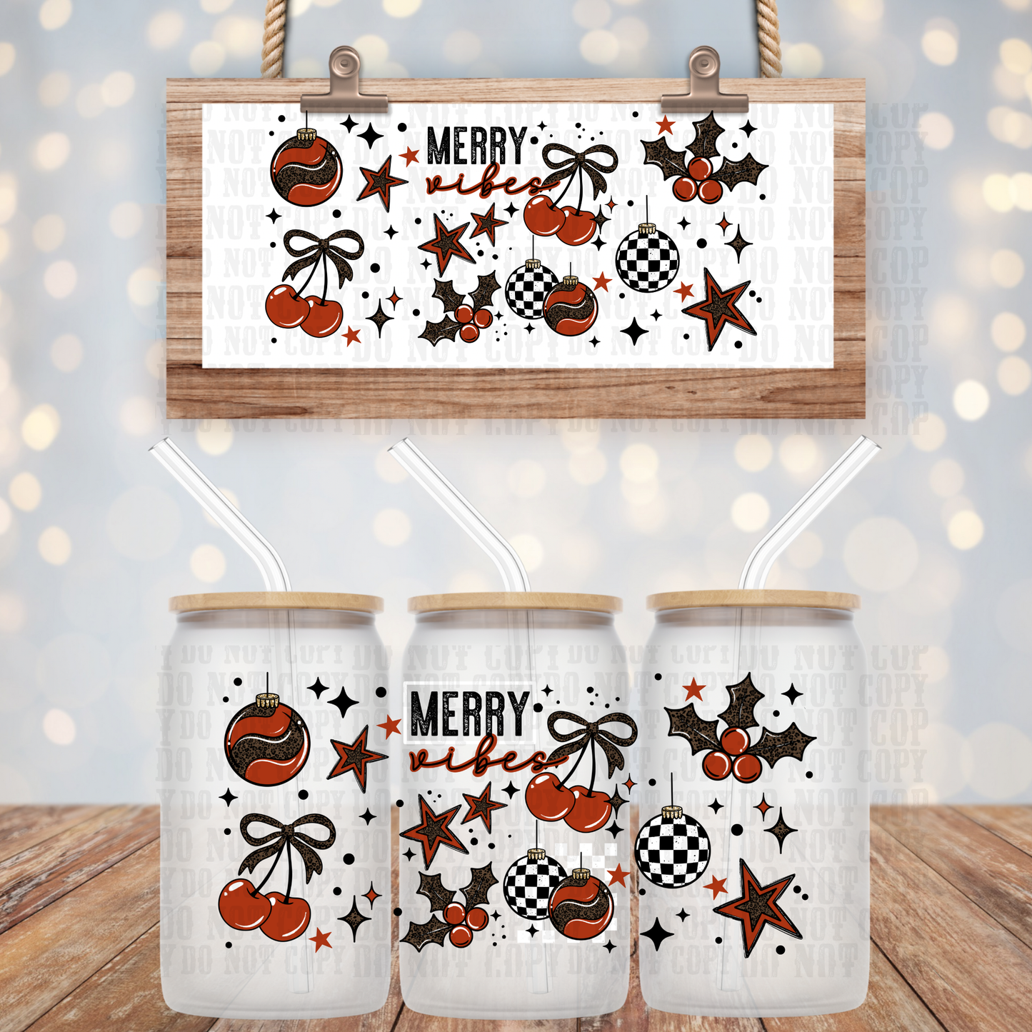 MERRY CHECKERED CHERRIES UV DTF CUP WRAP