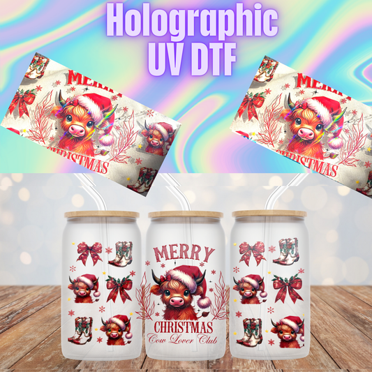HOLOGRAPHIC  HEIFFER VINTAGE RED CHRISTMAS UV DTF CUP WRAP