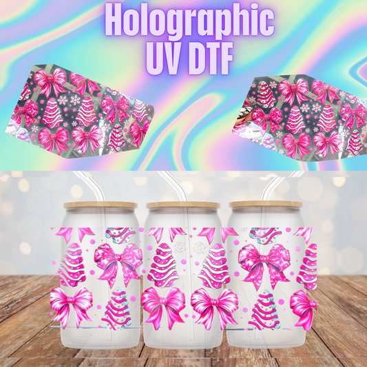 HOLOGRAPHIC PINK TREES AND SNACKS UV DTF CUP WRAP