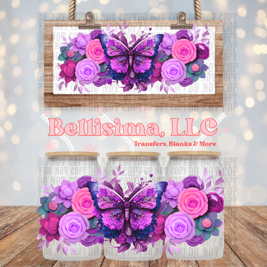 3D Purple Butterfly Floral UV DTF