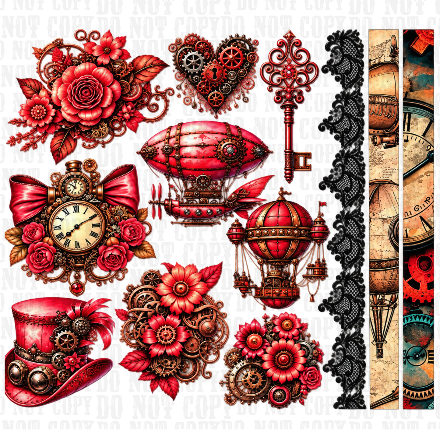 CRIMSON ROSE STEAMPUNK UV DTF ELEMENT SHEET