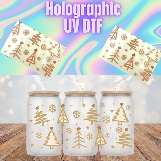 HOLOGRAPHIC PINK AND GOLD TREES UV DTF CUP WRAP