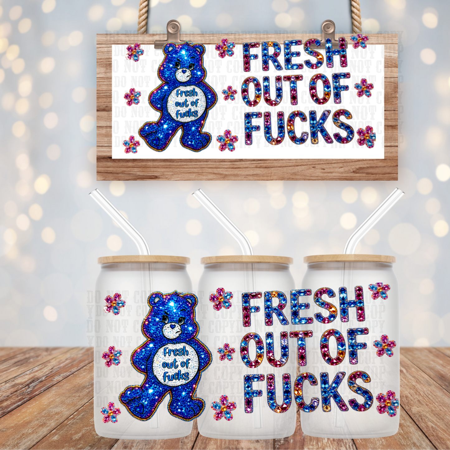 FAUX GLITTER FRESH OUT BEAR UV DTF CUP WRAP