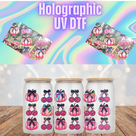 NEW PRODUCT: HOLOGRAPHIC PINK PUMKINS AND BOWS UV DTF CUP WRAP