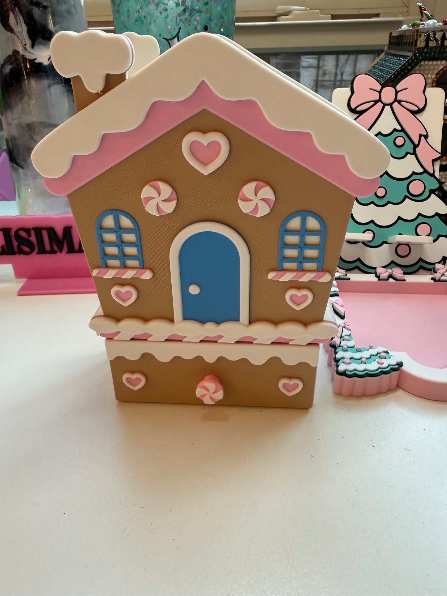 Pink Nutcracker or Gingerbread House Pen Holder with Drawer | Christmas Desk Organizer