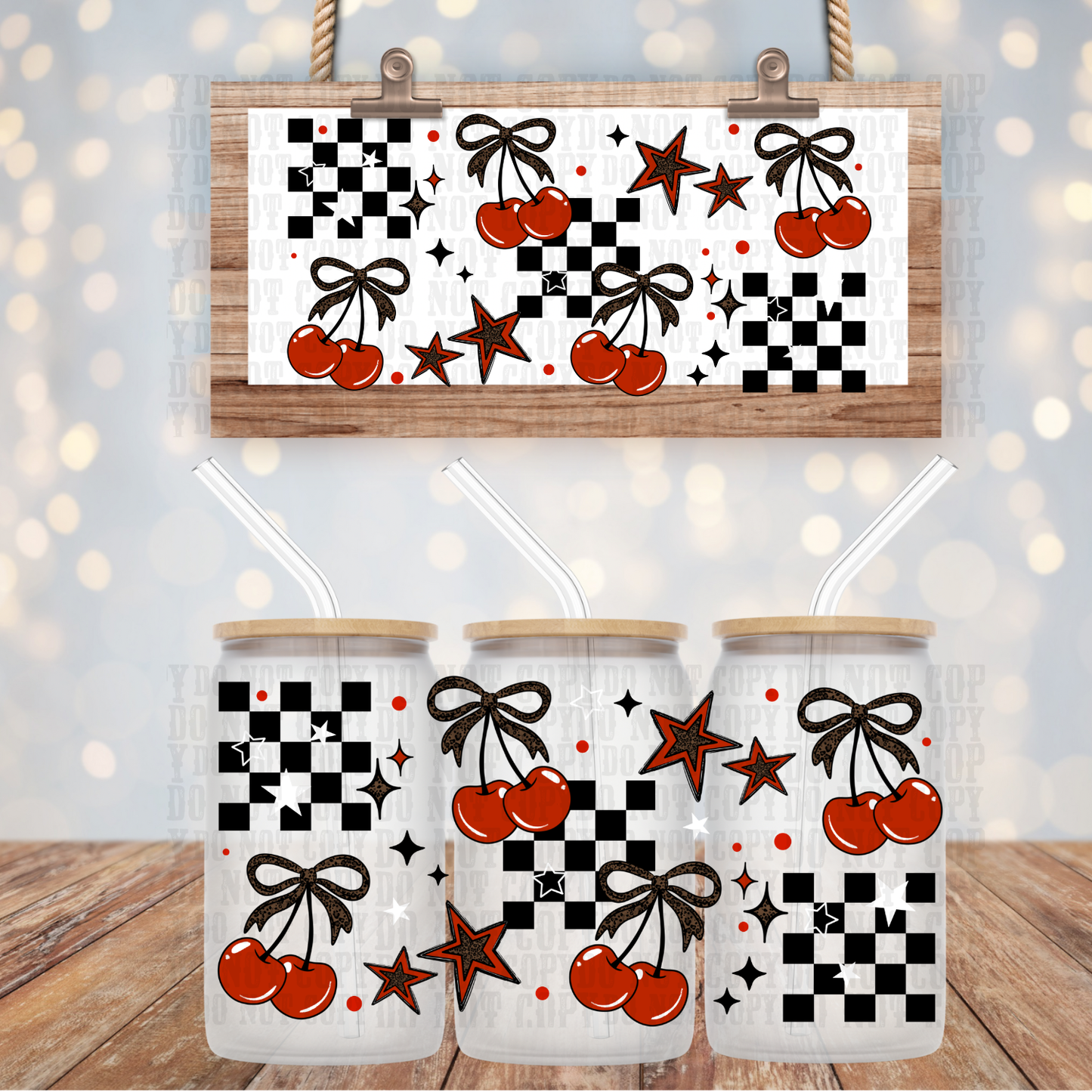 WINTER CHECKER CHERRIES  UV DTF CUP WRAP